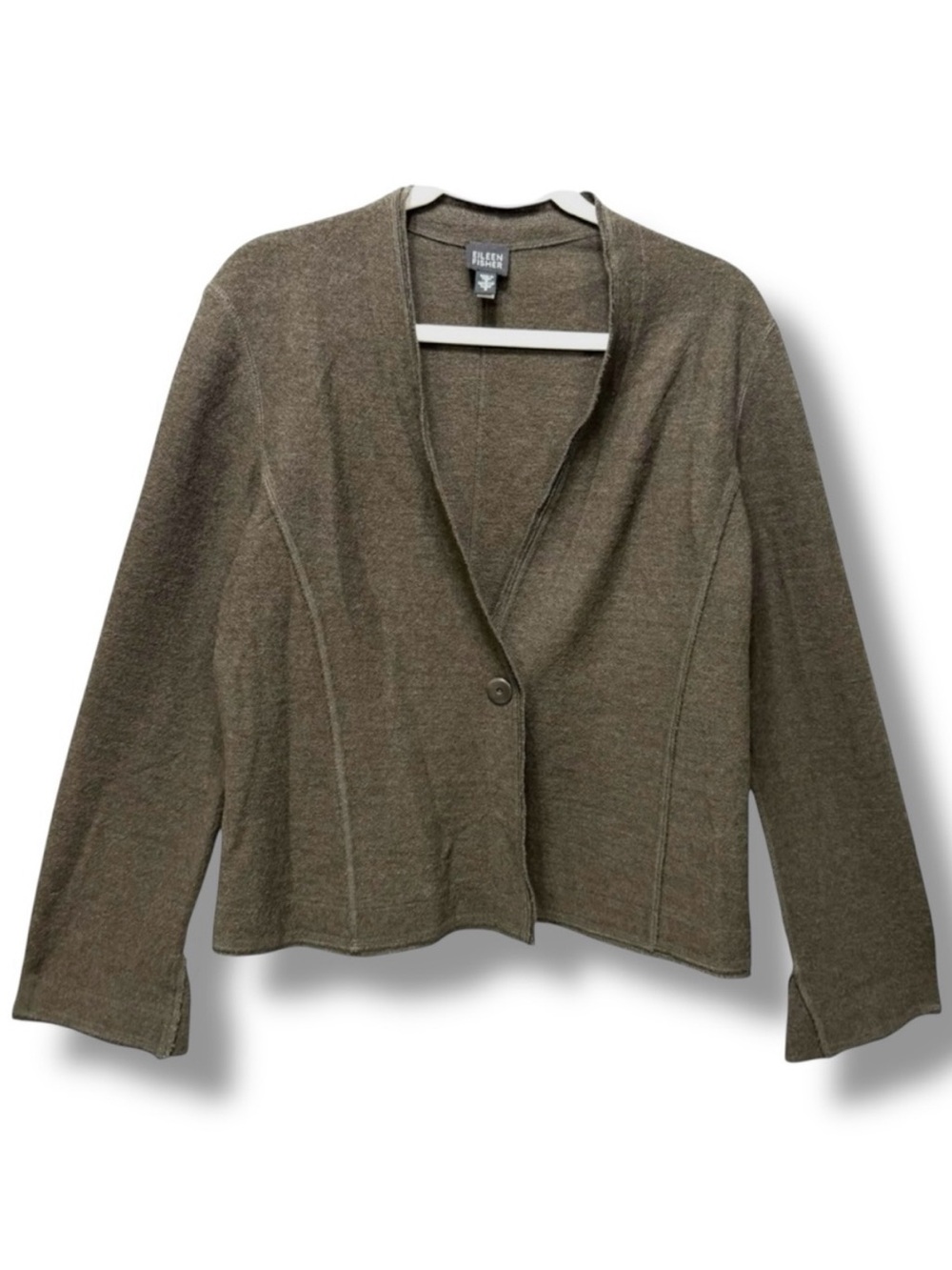 Eileen Fisher 100% Wool Single Button Cardigan Okive Green Jacket NWOT